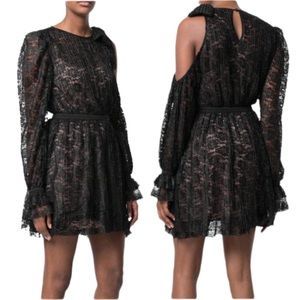 Three Floor Revolve Pleated Black Lace One Cold Shoulder Mini Dress LBD